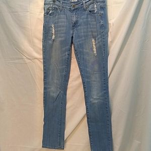 Woman's Designer jeans, Loco, Factory distressed, purple hand print on leg,